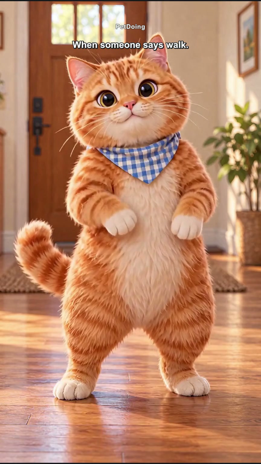 An original orange cat character standing in a blue and white bandana