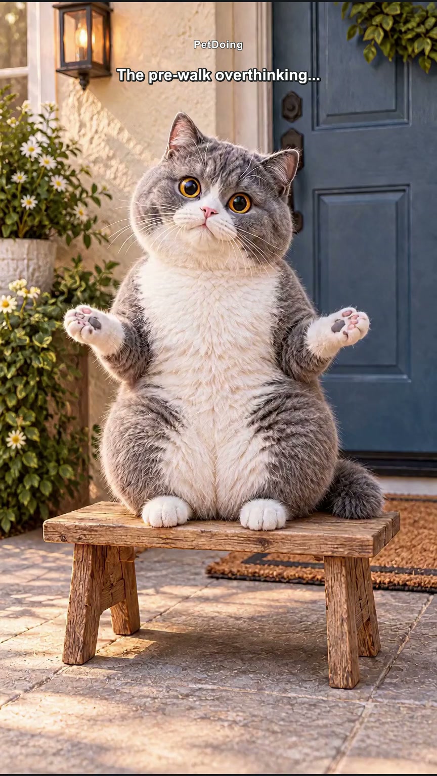 An original gray and white cat character sitting on a wooden stool