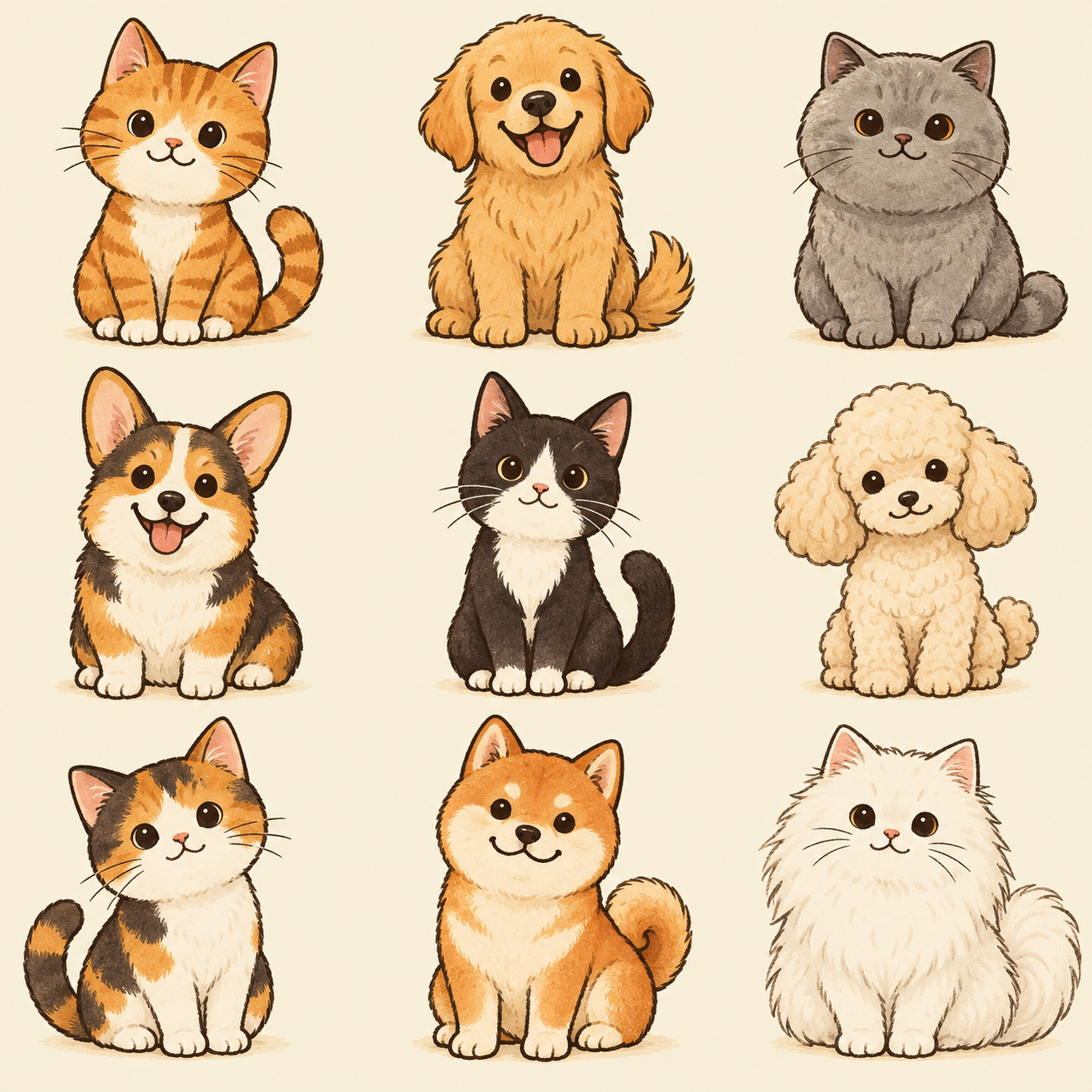 Nine fictional cats and dogs illustrated for the PetDoing card game