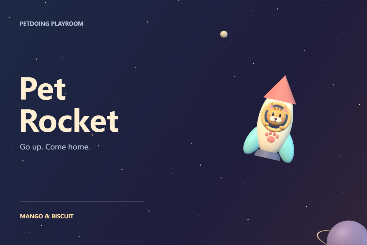 A cat astronaut peeking out of a cream and coral pet rocket among the stars