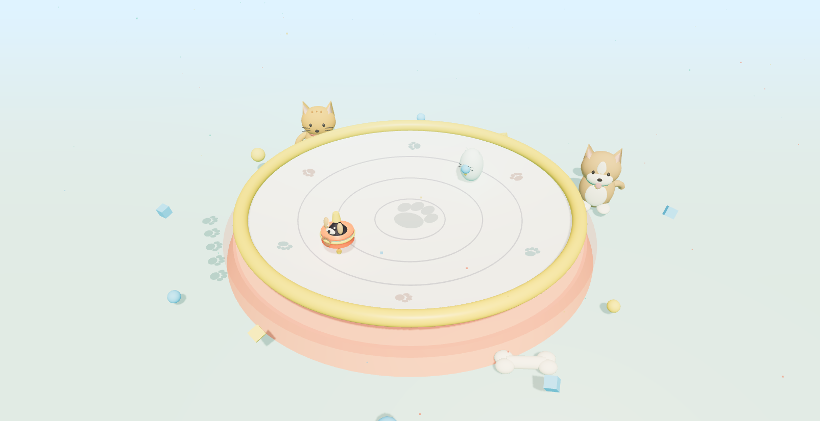 Pet-themed spinning tops facing each other in a circular battle arena