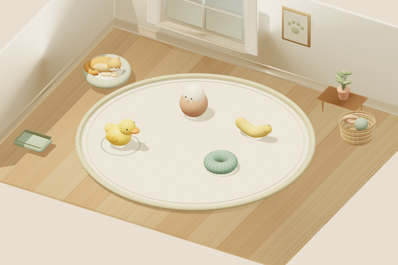 Pet toys on a woven rug in a warm 3D living room, with Mango the cat watching